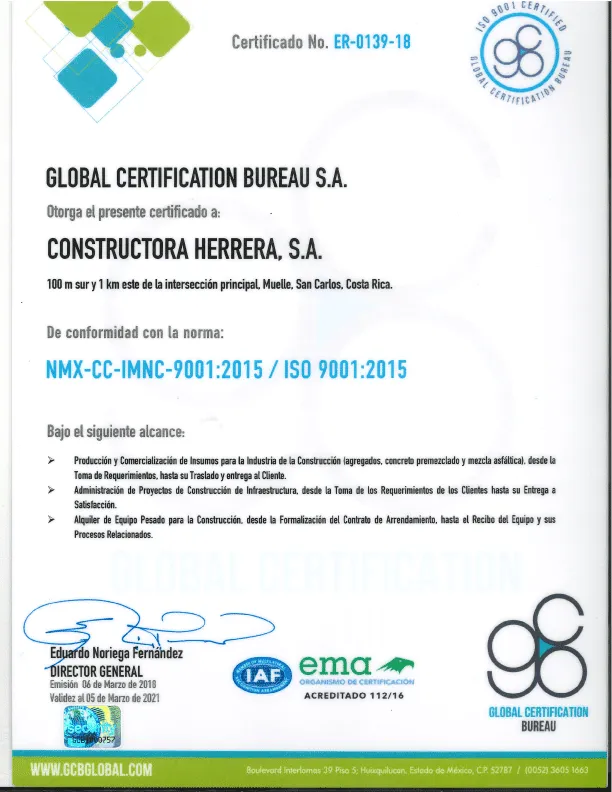 Certificado ISO 9001:2015 de Constructora Herrera S.A.